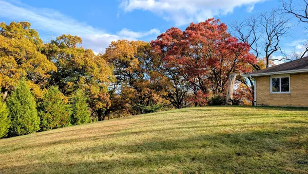 a view of a field with some trees in the background