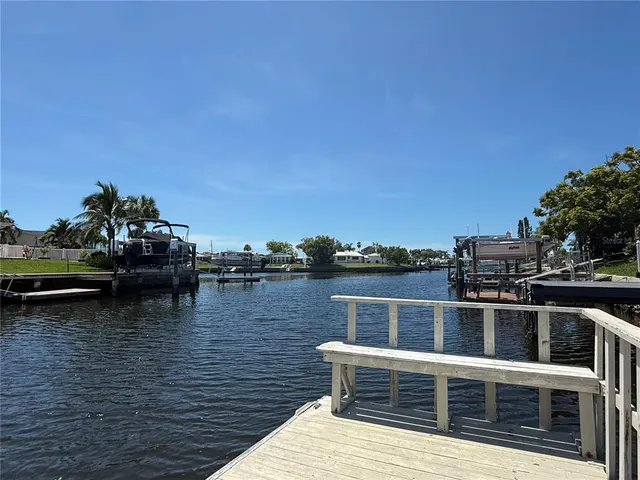 a view of a lake with boats and palm trees