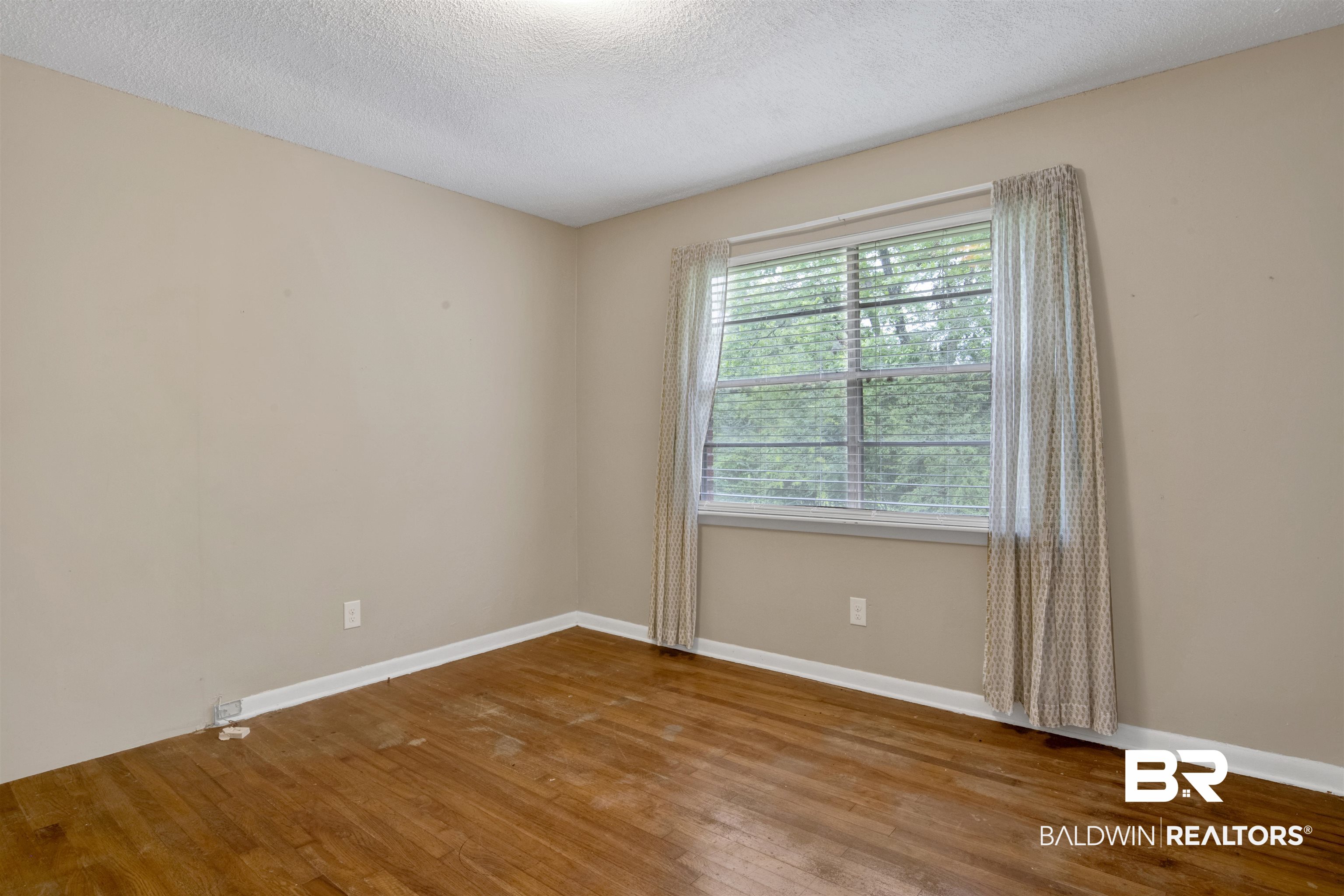 17714 Horseneck Road Bay Minette, AL 36507 - Photo 7 of 36 Wood-finish flooring with baseboard trim, neutral wall paint, a window with horizontal blinds, and a white ceiling