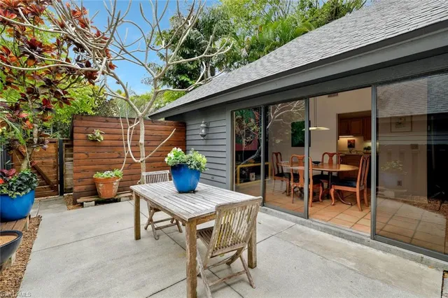 a backyard of a house with table and chairs