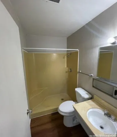 a bathroom with a sink a toilet and shower