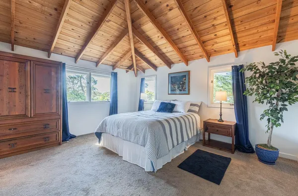 a spacious bedroom with a bed and a potted plant