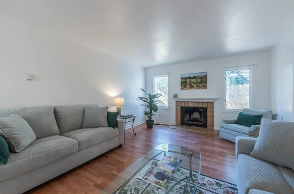 a living room with furniture and a fireplace