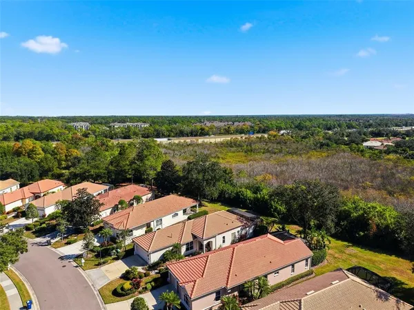 an aerial view of residential houses with outdoor space