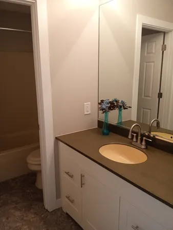 a bathroom with a granite countertop sink and a mirror