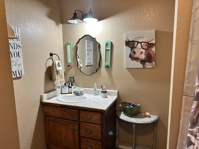 a bathroom with a sink and a mirror