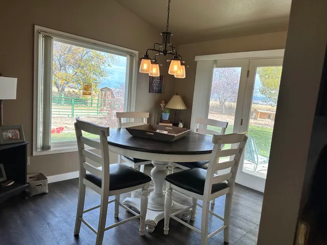 a view of a dining room with furniture window and wooden floor