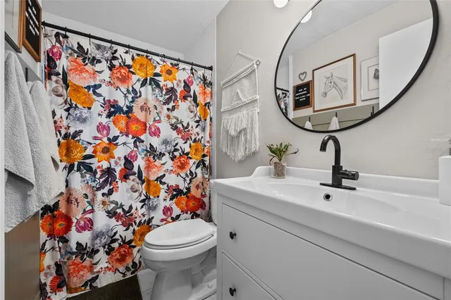 a bathroom with a sink mirror and toilet