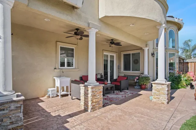 a building outdoor space with patio furniture