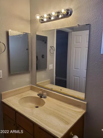 a bathroom with a sink and a mirror