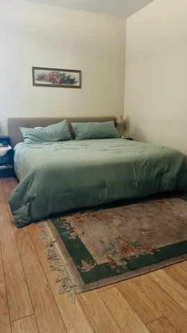 a bedroom with a bed and a walk in closet