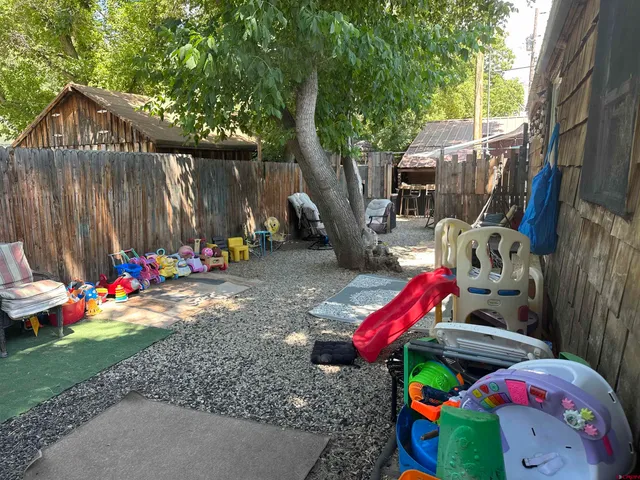 a garden view with a seating space