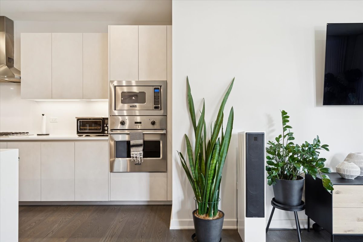 1648 West Division Street, Unit 208 Chicago, IL 60622 - Photo 15 of 48 a white kitchen with a potted plant on the counter and a wooden floor