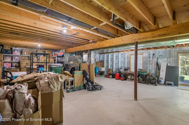 a view of a garage with storage