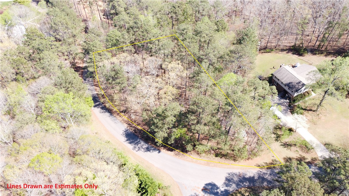 This aerial view showcases a peaceful, wooded lot with convenient road frontage.