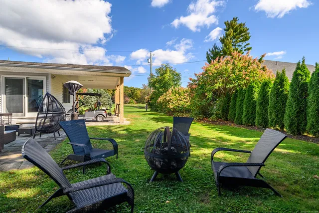 a view of a backyard with table and chairs potted plants and a palm tree