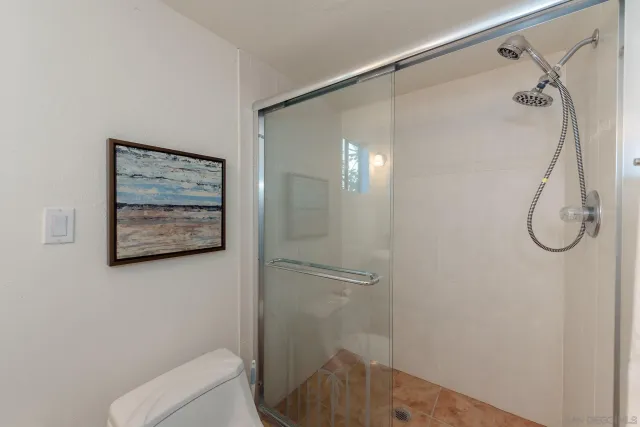 a bathroom with a shower and toilet