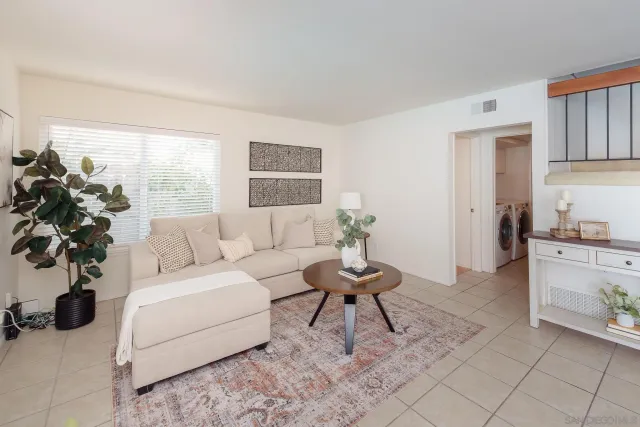 a living room with furniture and a potted plant