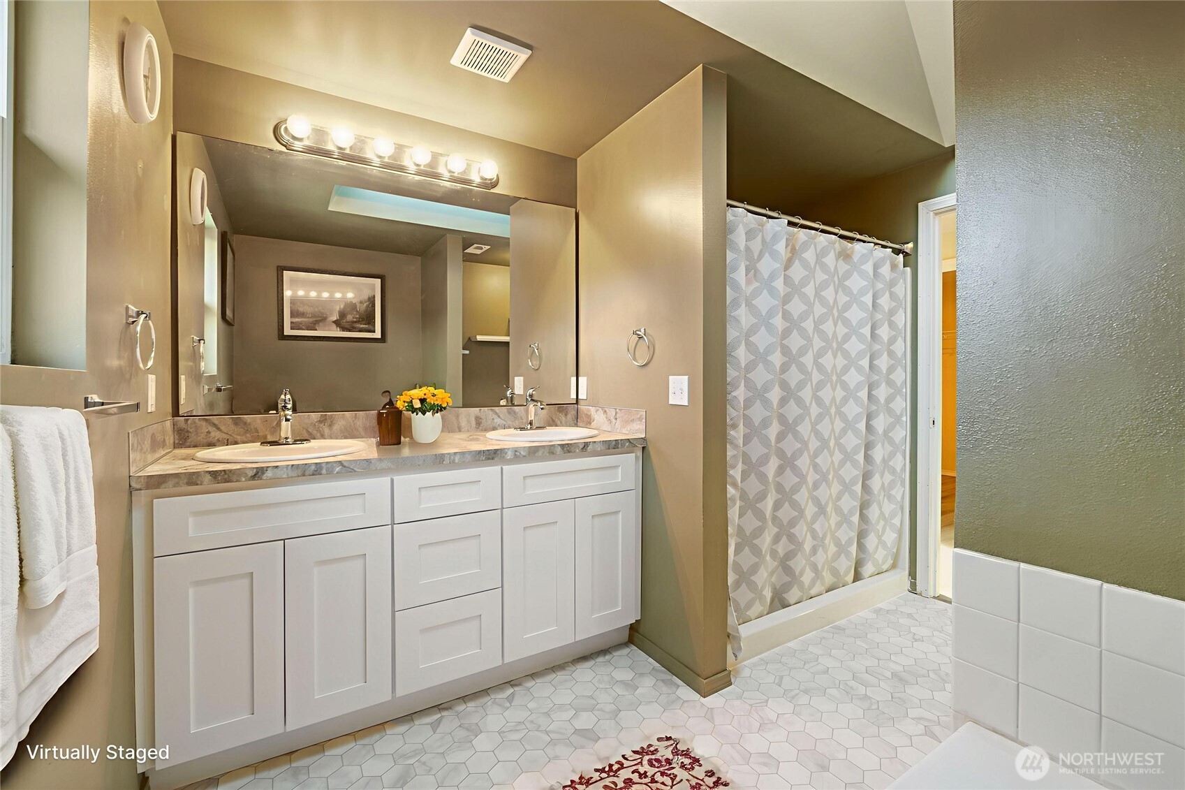 2219 Key Peninsula Highway Southwest Lakebay, WA 98349 - Photo 17 of 40 a en suite bathroom with a granite countertop sink mirror and shower