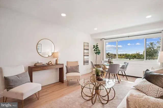 a living room with furniture a rug potted plant and a large window