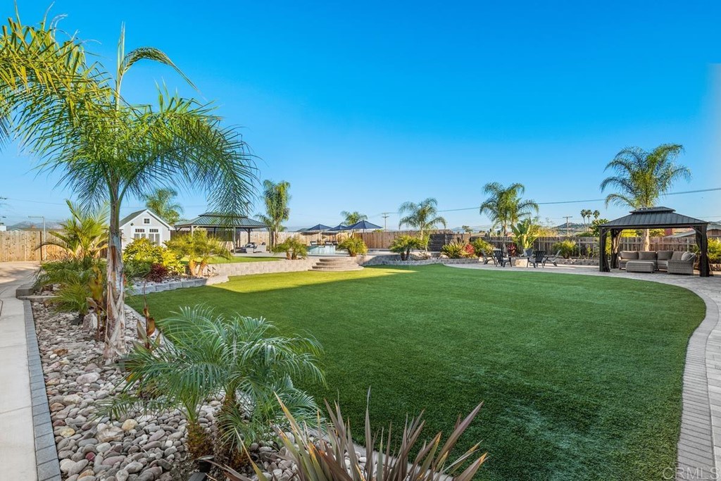 a view of a house with a big yard potted plants and palm trees