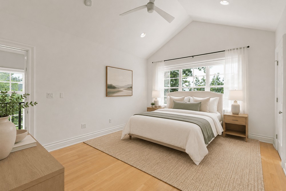 1609 Hartford Road, Unit A Austin, TX 78703 - Photo 26 of 39 A well-lit bedroom features vaulted ceilings and a private balcony overlooking lush greenery.