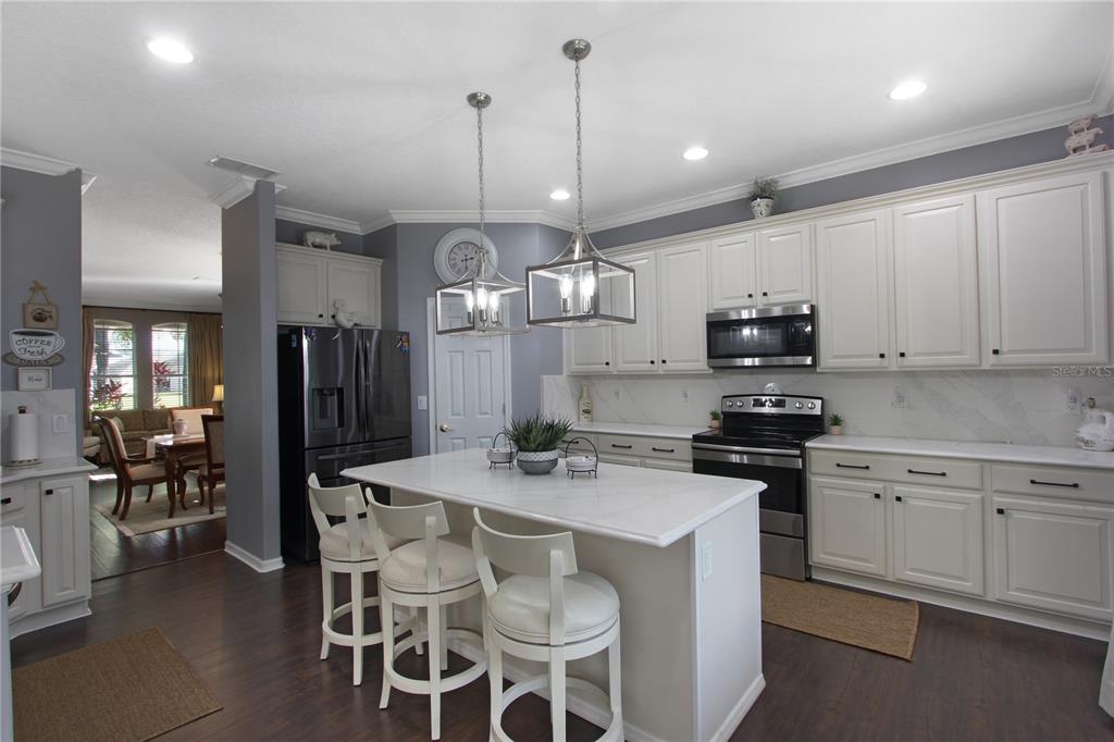 5536 Ansley Way Mount Dora, FL 32757 - Photo 8 of 49 a kitchen with stainless steel appliances kitchen island granite countertop a sink a stove a refrigerator cabinets and chairs