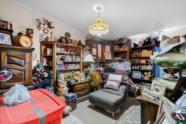 a living room filled with furniture and a book shelf