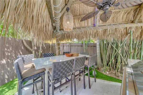 a view of a backyard with sitting area