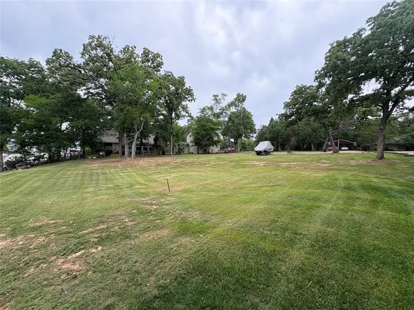 a view of a green field with trees in the background