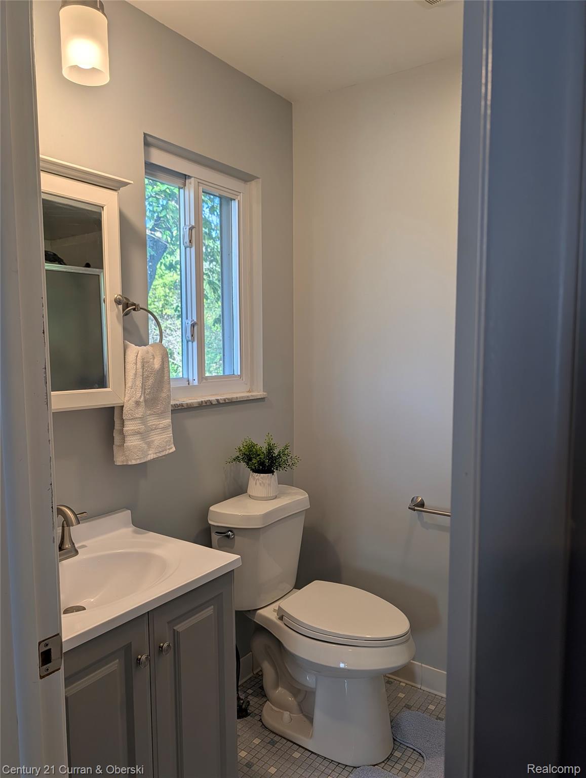 9371 Bennett Lake Road Fenton, MI 48430 - Photo 6 of 17 White pane window, recessed vanity with white sink, gray shaker-style cabinetry, mosaic tile flooring, and a white toilet