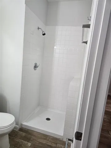 a bathroom with a shower and a toilet