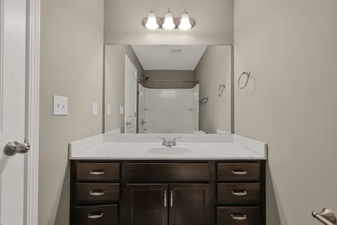 a bathroom with a sink vanity and a mirror