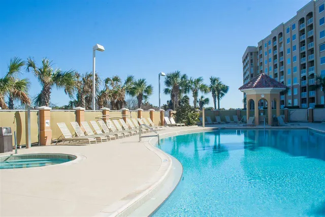 a view of a building from a chairs