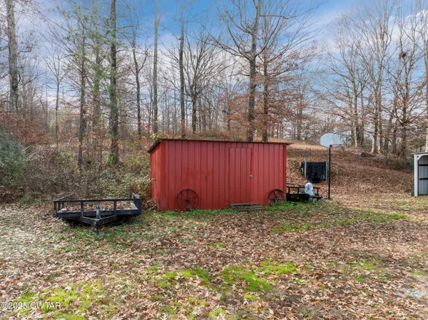 a view of a backyard with large trees and a small barn