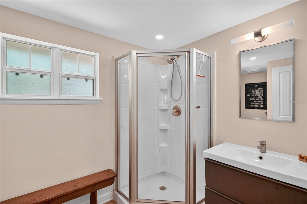 617 Robie Avenue Mount Dora, FL 32757 - Photo 18 of 26 a bathroom with a shower a sink and a mirror