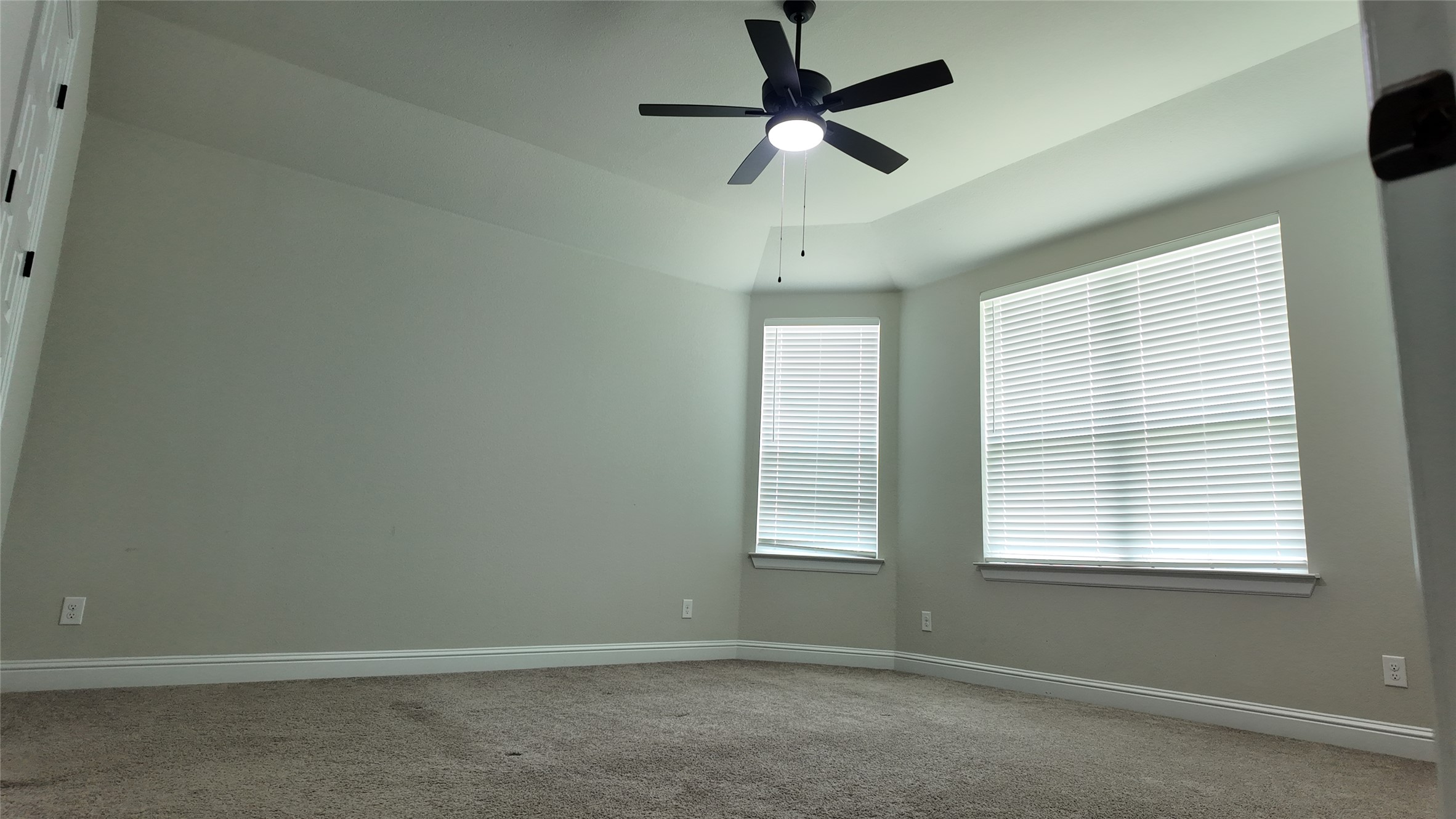 2320 Base Burner Path Leander, TX 78641 - Photo 17 of 24 A spacious primary bedroom featuring a tray ceiling, ceiling fan, and ample natural light from multiple windows.