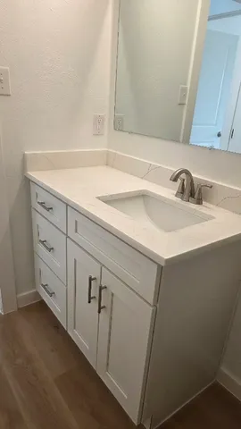 a bathroom with a sink and a mirror