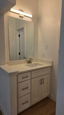 a bathroom with a sink and a mirror