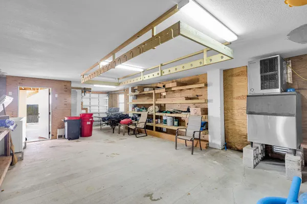 a view of a balcony with wooden floor