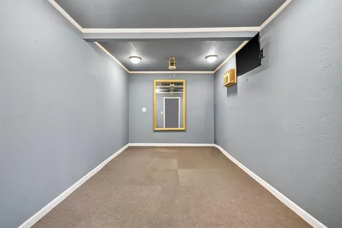 a view of a yard with plants and trees