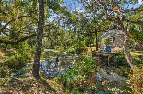 a view of a yard with large trees