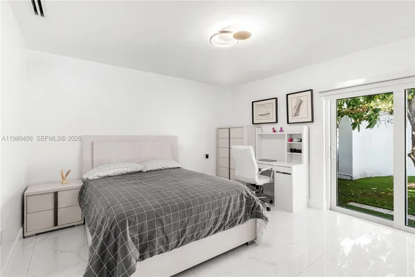 a bedroom with a bed and a flat tv screen on dresser