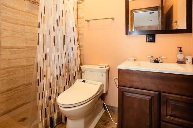 a bathroom with a toilet a sink and mirror