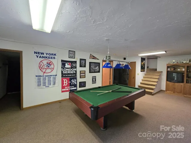 a room with pool table and wall paintings
