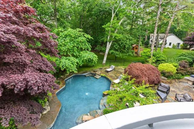 a view of a garden with a bench