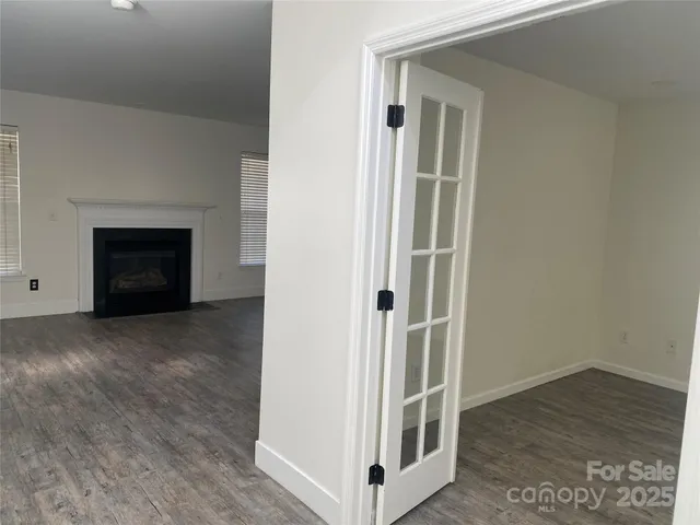 an entryway with a fireplace