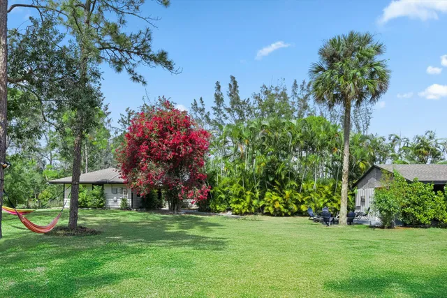 a view of a house with a big yard and potted plants