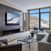 a living room with furniture a fireplace and a floor to ceiling window