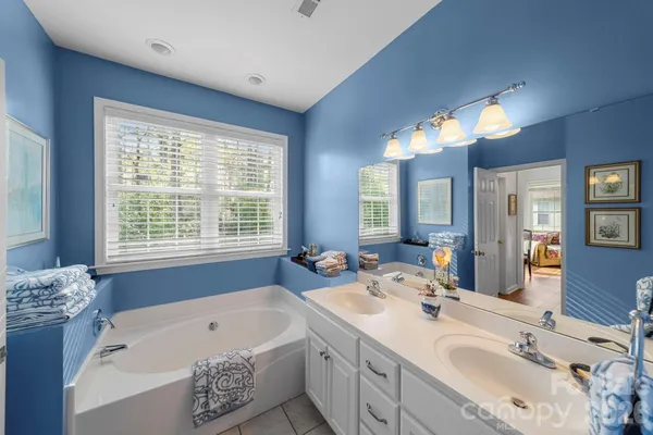 a bathroom with a tub sink and mirror